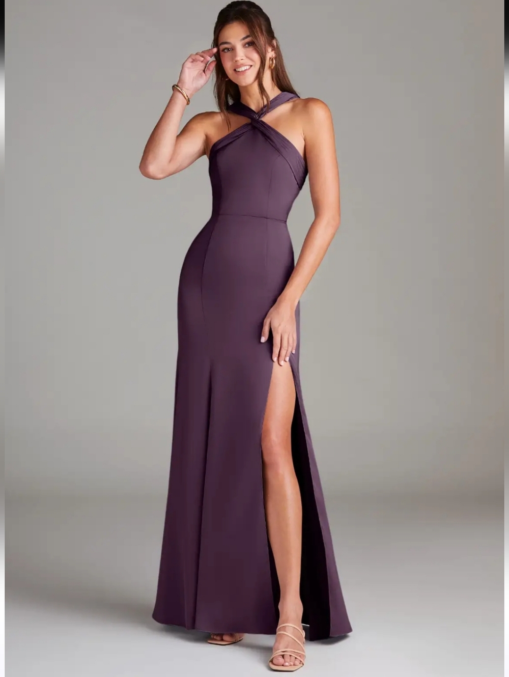 Azazie Plum Satin Halter Twist Gown With Side Slit Homecoming Bridesmaid Formal